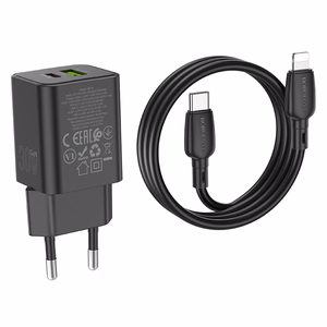 Borofone Wall charger BN14 Royal GaN - USB + Type C - QC 3.0 PD 30W with Type C to Lightning cable black