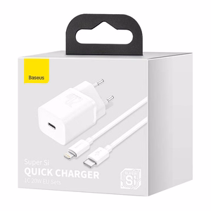 Baseus Super Si 20W USB-C laturi + USB-C - Lightning kaapeli 1m valkoinen TZCCSUP-B02