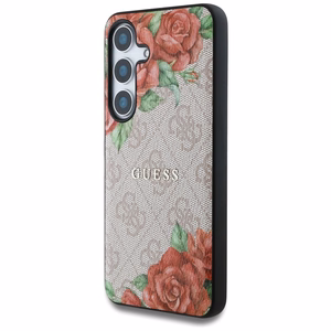Guess Nahkainen 4G Flowers Print Metal Classic Logo MagSafe Suojakuori Samsung Galaxy S25:lle - vaaleanpunainen