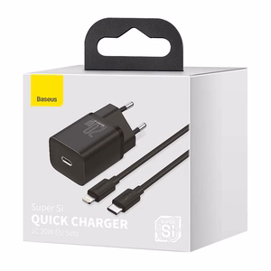 Baseus Super Si 20W laturi USB-C + USB-C - Lightning-kaapeli 1,0 m musta TZCCSUP-B01