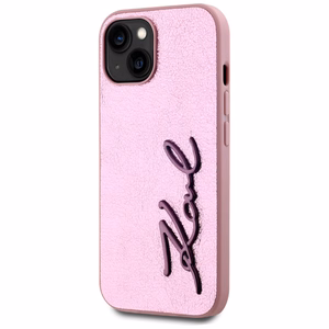 Karl Lagerfeld Wrinkled Metal Signature Suojakuori iPhone 15:lle - vaaleanpunainen