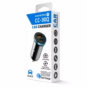 Auton laturi everActive CC-30Q USB + USB-C QC 3.0 PD 35W