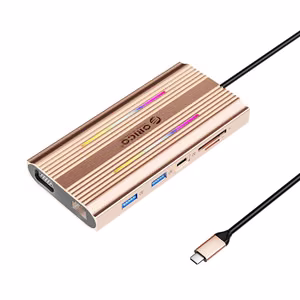 Orico XDR 12-in-1 RGB USB-C-telakointiasema USB-A USB-C PD 100W 2x HDMI 4K 60Hz VGA RJ45 Gigabit SD- ja microSD-kortinlukija - ruusukulta