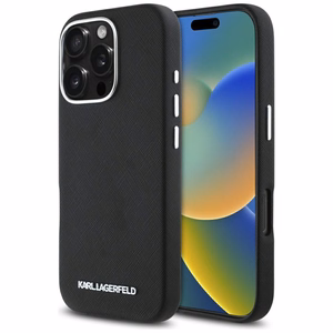 Karl Lagerfeld Saffiano Full Wrapped Elongated Metal Logo MagSafe Suojakuori iPhone 16 Pro Maxille - musta