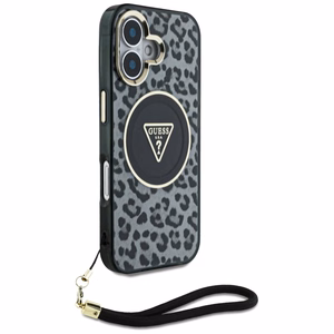 Guess HC IML Leopard Triangle Cord Strap MagSafe Suojakuori iPhone 16:lle - musta