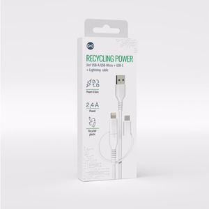 Forever kierrätettävä kaapeli 3in1 1,5 m 2,4A USB-A - USB-C + microUSB + Lightning KR3W1-00 valkoinen