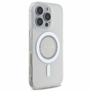 Guess IML Rhinestones MagSafe Suojakuori iPhone 16 Pro Maxille - valkoinen