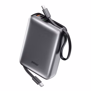 BWOO varavirtalähde P73 22,5W 20000 mAh kahdella sisäänrakennetulla kaapelilla 1 x USB-C 1 x Lightning musta