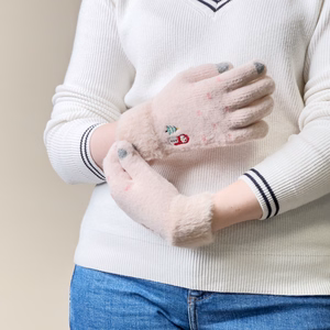 Women's winter telephone gloves with a snowman and a Christmas tree - beige