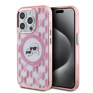 Karl Lagerfeld IML Monogram Karl & Choupette Head MagSafe Suojakuori iPhone 15 Pro Max:lle - Vaaleanpunainen