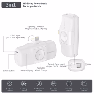 Wozinsky WF16-YLS 5000mAh 15W Lightning Mini Power Bank, jossa on sisäänrakennettu USB-C-kaapeli ja Apple Watch -laturi - Valkoinen