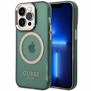 Guess GUHMP14LHTCMA iPhone 14 Pro 6.1" vihreä/khaki kovakotelo kultaääriviiva läpinäkyvä MagSafe