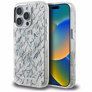 Karl Lagerfeld IML Karl Script Pattern MagSafe Suojakuori iPhone 16 Pro:lle - Valkoinen