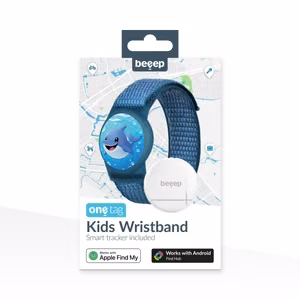 Beeep OneTag -paikannin lasten Velcro-rannekkeella, Dolphin, Apple Find My / Android