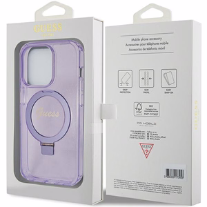 Guess Ring Stand Script Glitter MagSafe Suojakuori iPhone 15 Prolle - violetti