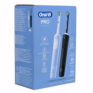 Oral-B Vitality Pro Duo – ladattava sähköhammasharja, 2 harjaspäätä, 3 puhdistustilaa, musta/sininen/valkoinen