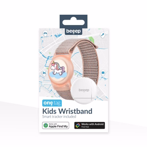 Beeep OneTag -paikannin lasten Velcro-rannekkeella, Unicorn, Apple Find My / Android
