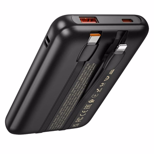 Hoco Q37 -varavirtalähde 10000 mAh QC PD 22,5W sisäänrakennetuilla kaapeleilla USB-C + Lightning, musta