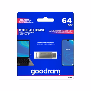 Goodram USB- ja USB-C-muistitikku, 64 Gt, hopea