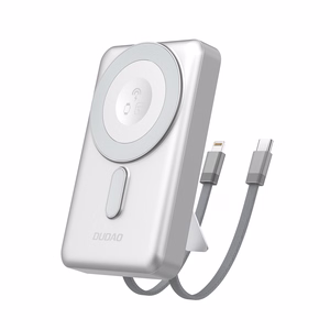 Dudao K29 10000mAh PD 20W MagSafe Powerbank metallikotelolla, jalustalla ja sisäänrakennetuilla USB-C / Lightning-kaapeleilla - hopea