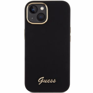 Guess Silikoninen Script Metal Logo & Frame Suojakuori iPhone 15:lle - musta