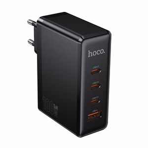 Hoco N85 100 W -laturi, jossa on 3 USB-C-porttia ja 1 USB-A-portti, musta