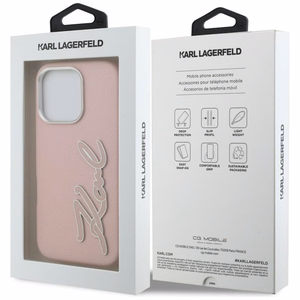 Karl Lagerfeld FW Grained Signature Logo Suojakuori iPhone 16 Pro Max - vaaleanpunainen
