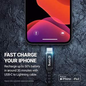 Crong Armor Link MFi USB-C–Lightning -kaapeli, 1.5 m, 3 A, musta