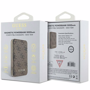 Guess Powerbank induktiivinen 15W GUPB5FP4EMGW 5000mAh ruskea/ruskea 4G Nahka Metalli Logo MagSafe