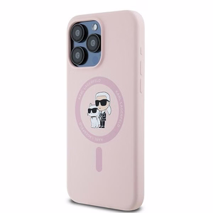 Karl Lagerfeld Silikoninen Karl & Choupette Ring MagSafe Suojakuori iPhone 15 Pro Maxille - vaaleanpunainen