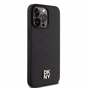DKNY Nahkainen Monogram Pattern Metal Logo MagSafe Suojakuori iPhone 15 Pro Max:lle - Musta