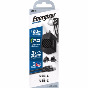Energizer Ultimate A20MUC GaN-matkalaturi EU-, UK- ja US-pistokkeilla, USB-C, 20 W PD, USB-C-kaapelilla, musta