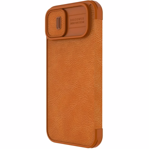 Nillkin Qin Nahka Pro Case iPhone 14 Plus kamera kansi Holster kansi Flip Case ruskea