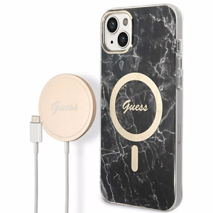Set Guess GUBPP14SHMEACSK suojakuori + laturi iPhone 14 6.1 musta/musta kova suojakuori Marble MagSafe