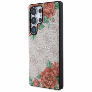 Guess Nahkainen 4G Flowers Print Metal Classic Logo MagSafe Suojakuori Samsung Galaxy S25 Ultralle - vaaleanpunainen