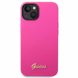 Guess Silicone Vintage Gold Logo -suojakuori iPhone 14:lle / 15 Plus:lle, fuksia