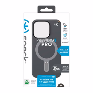 Speck Presidio2 Pro ClickLock MagSafe suojakuori iPhone 15 Pro -laitteelle, hiilenharmaa ja kylmän pronssin sävyinen
