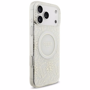 Guess IML kukkakuvioinen, metallipinnoitettu MagSafe-suojakuori helmirannekkeella iPhone 18 Pro Max / 17 Pro Max -malleille, valkoinen