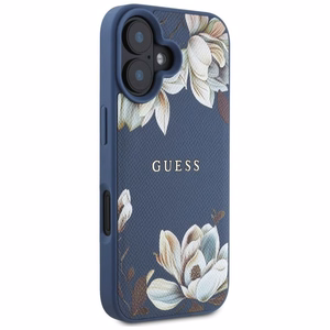 Guess suojakuori iPhone 16:lle MagSafe-tuella GUHMP16SPGNMPLMB (PU Grained Flowers Classic Logo) - sininen