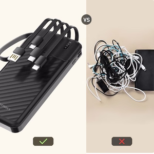 Wozinsky W11-B 10000mAh 10W varavirtalähde sisäänrakennetuilla kaapeleilla ja taskulampulla - musta