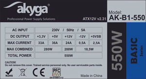 Akyga AK-B1-550 virtalähde 550 W 20+4 pin ATX ATX harmaa