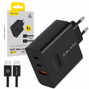 Blavec seinälaturi BC-11 GaN - USB + 2xType C - QC PD 65W 3A ja Type C - Type C -kaapeli (TCBC11G-U2CB653A) musta