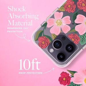 Rifle Paper Clear suojakuori iPhone 14 Pro -laitteelle, kullanvärisellä koristelulla, Rose Garden -kuvioinen