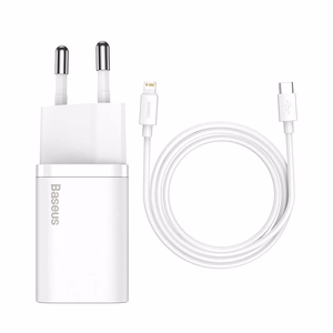 Baseus Super Si 20W USB-C laturi + USB-C - Lightning kaapeli 1m valkoinen TZCCSUP-B02