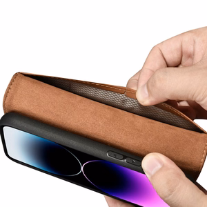 iCarer Lompakko Kotelo 2in1 iPhone 14 Pro Nahka Flip Case Anti-RFID ruskea (WMI14220726-BN)