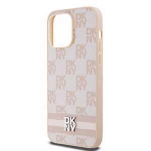 DKNY Nahkainen Checkered Mono Pattern & Printed Stripes Suojakuori iPhone 14 Pro Max:lle - vaaleanpunainen