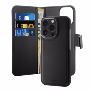 Puro Wallet Detachable MagSafe 2in1 PU-nahkainen Suojakuori läpällä ja lompakolla iPhone 16 Pro Maxille - musta