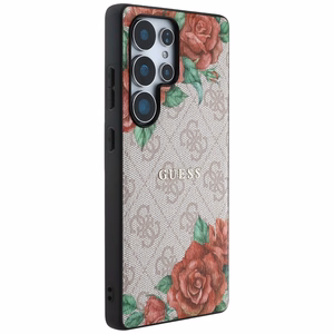 Guess Nahkainen 4G Flowers Print Metal Classic Logo MagSafe Suojakuori Samsung Galaxy S25 Ultralle - vaaleanpunainen
