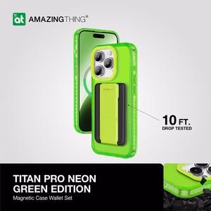 Amazing Thing Titan Pro Neon Mag Lompakkokuori 10FT IP156.7PTWGN iPhone 15 Pro Max:lle vihreä jalustalla