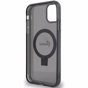 Guess Ring Stand Script Glitter MagSafe -suojakuori iPhone 11 / Xr:lle - musta